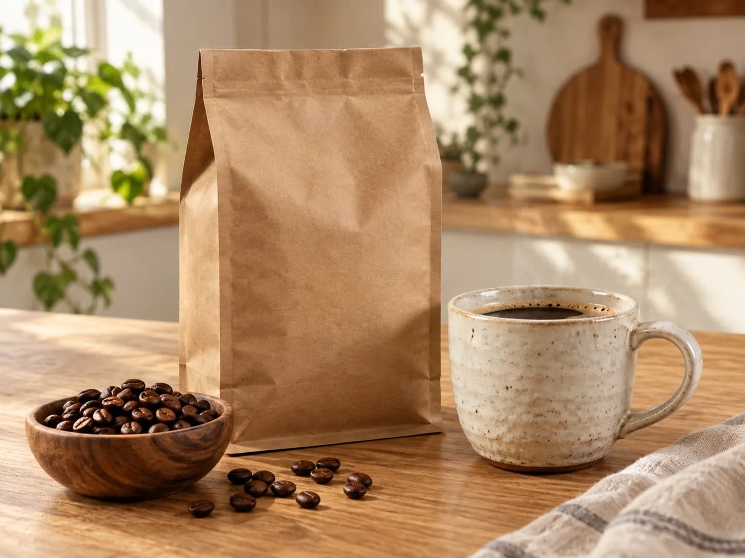 Ceașcă de cafea, boabe și o pungă simplă pe o masă